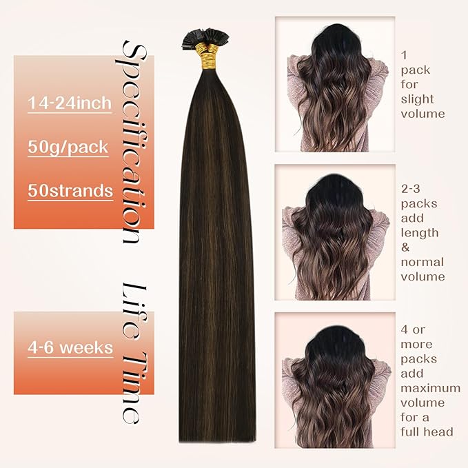 Sunny Hair Flat Tip Keratin Hair Extensions, Keratin Bonded Hair Extensions Brown Ombre, Keratin Human Hair Extensions for Party 22inch 50g