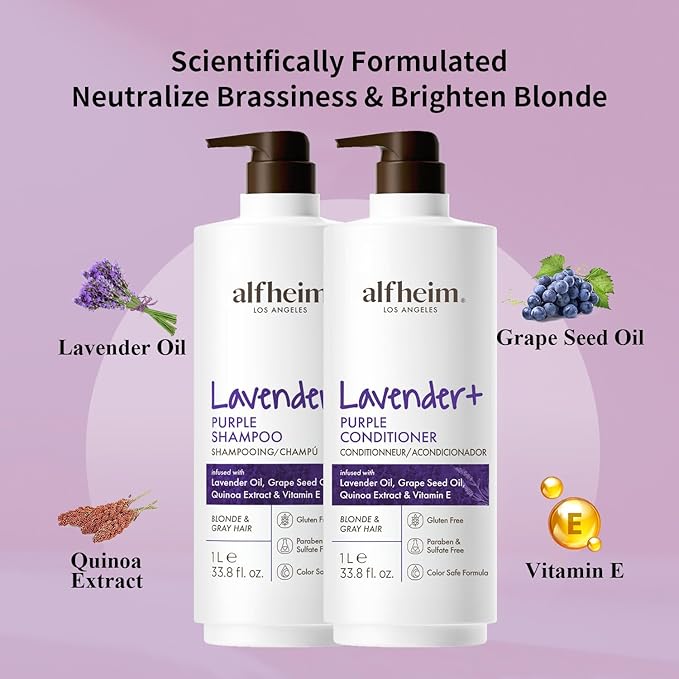 Alfheim Lavender+ Purple Shampoo & Conditioner Set | Neutralize Brassiness & Enhance Cool Tone for Platinum, Silver & Blonde Hair | Anti Brass While Hydrating | Paraben-Free, Color-Safe | 33.8 oz Each
