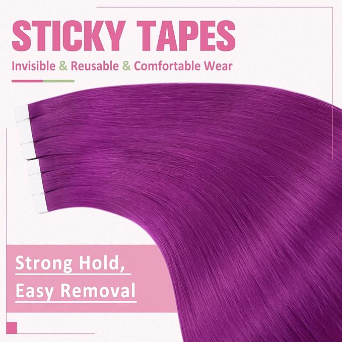YoungSee Tape in Extensions Human Hair Purple Invisible Tape in Hair Extensions Human Hair Purple 10pcs 25g Seamless Human Hair Tape in Extensions Color 14In Tape ins Human Hair Extensions for Cosplay