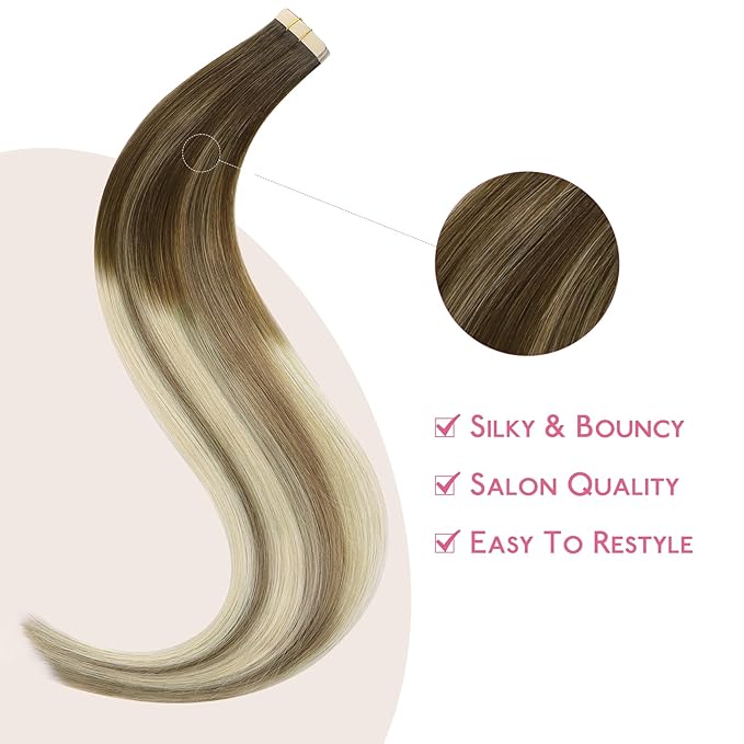 WENNALIFE Tape in Hair Extensions Human Hair Ombre Walnut Brown to Ash Brown and Bleach Blonde, 10pcs 25g 18 inch Remy Invisible Tape Ins Straight Real Human Hair Tape in Extensions