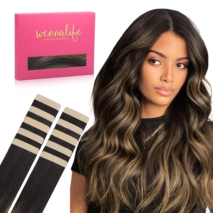 WENNALIFE Tape in Hair Extensions Human Hair Balayage Dark Brown Mixed Chestnut Brown Tape in Extensions, 10pcs 30g 26 inch Remy Invisible Tape Ins Straight Soft Real Human Hair Tape in Extensions