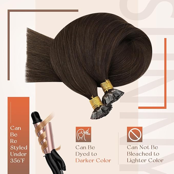 Sunny Hair Flat Tip Hair Extensions Darkest Brown Keratin Flat Tip Hair Extensions Real Human Hair Soft Straight Hair Remy Hair Extensions Hot Fusion Flat Tip Human Hair Extensions 50g/pack 18inch