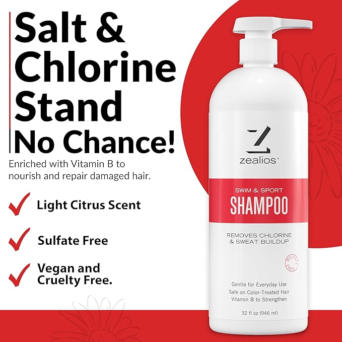 Zealios Sport Clarifying Shampoo, 32 oz Pump Bottle for Extremely Damaged Hair, Pool Hair Repair & Protector - Sulfate-Free, Moisturizing Chlorine & Salt Removal, Color-Safe, Citrus Scent for Swimmers