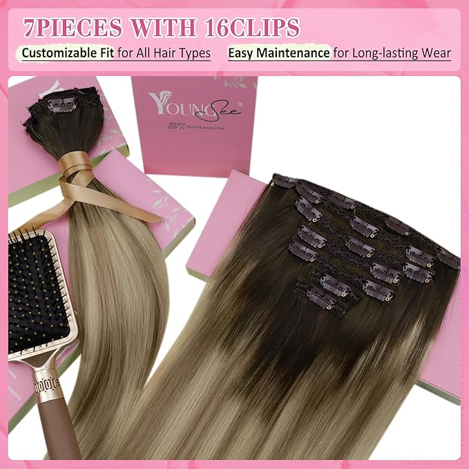 YoungSee 150G Clip in Real Hair Extensions Brown Clip on Hair Extensions Dark Brown Ombre Light Brown with Blonde Soft and Silky for Casual Outings 22inch 7pcs