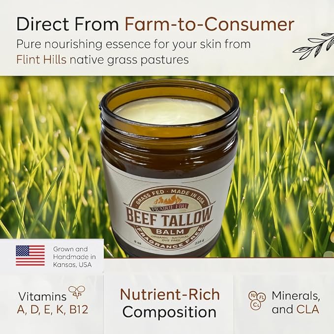 Beef Tallow Balm - 8 oz - Made in USA - Organic Grass Fed and Finished - Moisturizing Skin Care Orange