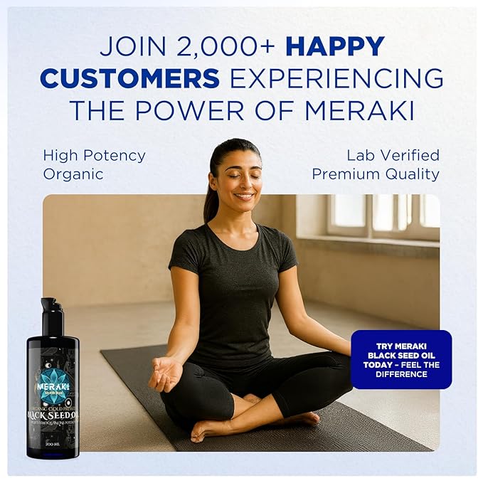 Meraki Medicinal Cold Pressed Organic Black Seed Oil – Nigella Sativa Extract with Thymoquinone in Dark-Tinted Glass Bottle – For Culinary & Topical Use – 200ml