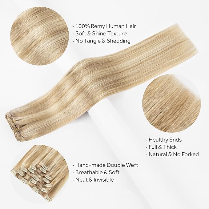 Clip in Hair Extensions Real Human Hair, Silky Remy Hair Extensions Clip Ins, Salon Quality Natural Human Hair, Light Blonde Highlighted Golden Blonde #P16/22 18Inch 120G 7PCS