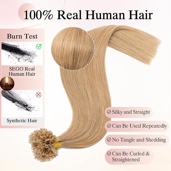U Tip Hair Extensions Human Hair Pre Bonded Extensions Keratin Fusion Extensions K Tip Hair Extensions Real Human Hair Silky Straight Natural 50g/100 Stands 16" Dark Blonde