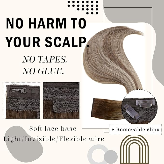 RUNATURE Wire Human Hair Extensions Balayage Invisible Fish Line Hair Extensions Real Human Hair Brown Roots Soft Hair, Easy to Apply 20 Inch 100g #3/8/22 Walnut Brown to Light Brown with Blonde