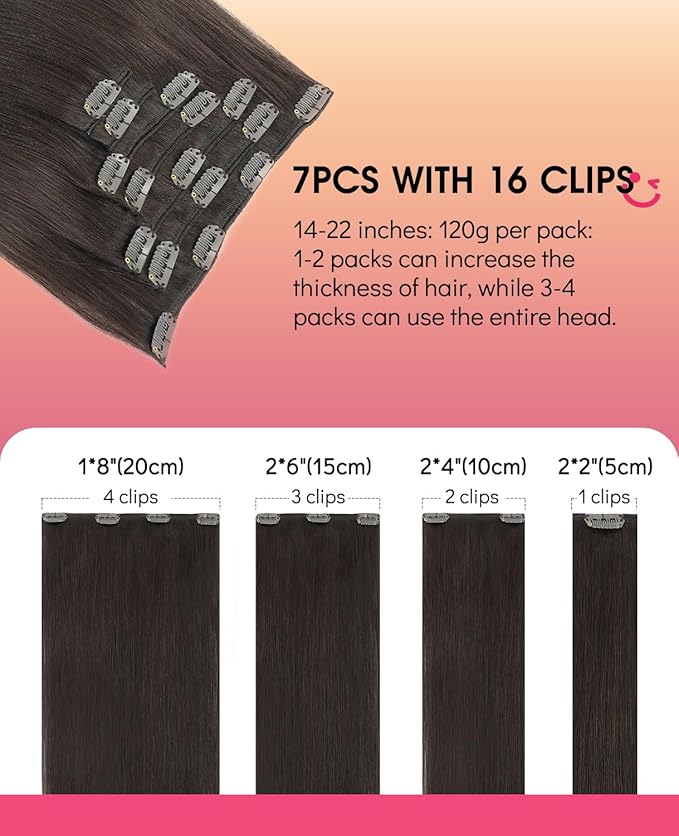 Youngsmile Clip in Hair Extensions,Human Hair Clip in Extensions, Double Weft Thick End, Soft Silk Straight Natural Human Hair Easy to Install 22 Inch 120g 7 pieces Darkest Brown (CLIP#2-22Inch)