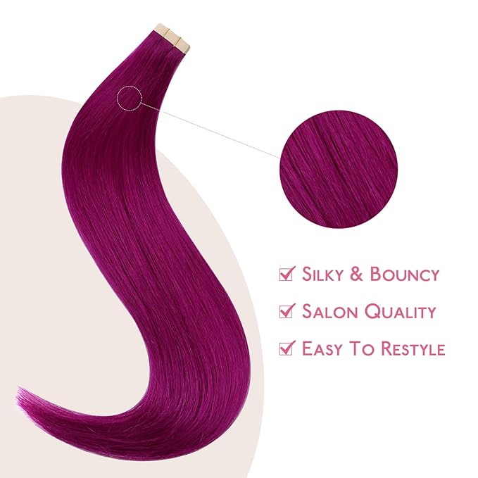 WENNALIFE Tape in Hair Extensions Human Hair Violet Tape in Extensions, 10pcs 20g 12 inch Remy Invisible Tape Ins Straight Colored Soft Real Human Hair Tape in Extensions Refill Set Extensions