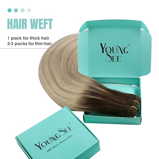 YoungSee 24Inch Weft Hair Extensions Real Human Hair Ombre Blonde Sew in Hair Extensions Dark Brown Base with Medium Ash Blonde and Light Blonde Highlights Hair Extensions Real Human Hair Weft 100G