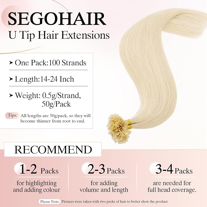 U Tip Hair Extensions Human Hair Pre Bonded Extensions Keratin Fusion Extensions K Tip Hair Extensions Real Human Hair Silky Straight Natural 50g/100 Stands 16" Platinum blonde
