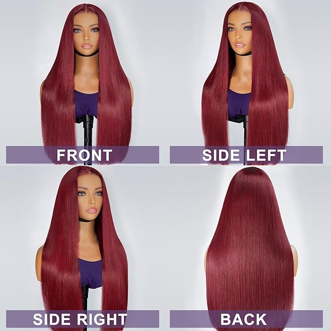 99j Burgundy Lace Front Wigs Human Hair Pre Plucked 9x6 HD Lace Red Wig Human Hair Wear And Go Glueless Wigs 220 Density Red Straight Wig for Women with Baby Hair 28Inch