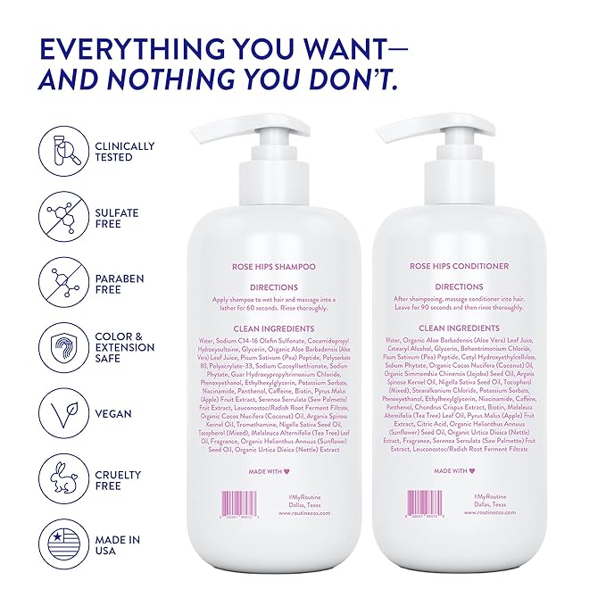 Routine Wellness 1 Liter Anti-Thinning Shampoo and Conditioner Set for Thinning Hair - Biotin DHT Blocker - Color Safe Shampoo for Hair Loss & Healthier Hair - 1 Liter Set - Rose Hips