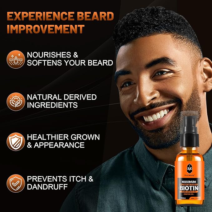 Beard Oil,Maximun Thickening Biotin, with Castor Oil and Argan & Jojoba Oils, Promotes Beard Growth, Styles, Strengthens & Softens Beards & Mustaches,1 Ounce*2(2 Pack)