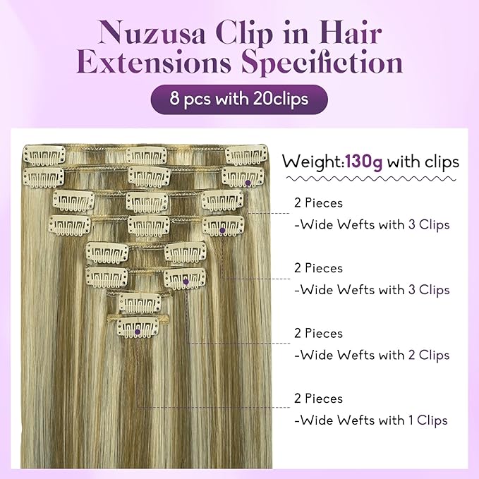 Blonde Clip in Hair Extensions Real Human Hair 8pcs Per Set with Double Weft 100% Seamless Blonde Hair Extensions for Women #8p613 Mixed Bleach Blonde 26inch 130g/4.6oz