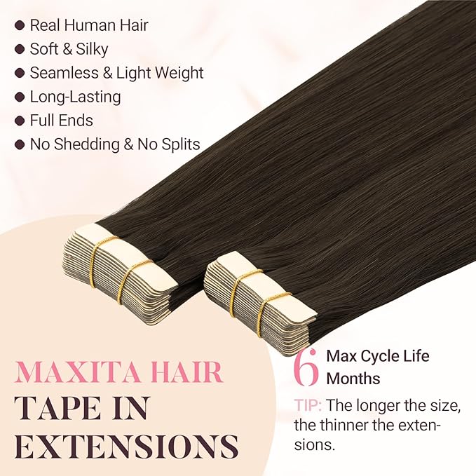 MAXITA Tape in Hair Extensions Real Human Hair, Caramel Brown 20pcs 14 Inch 50g Hair Extensions Tape in Extensions Straight Natural Invisible Tape ins