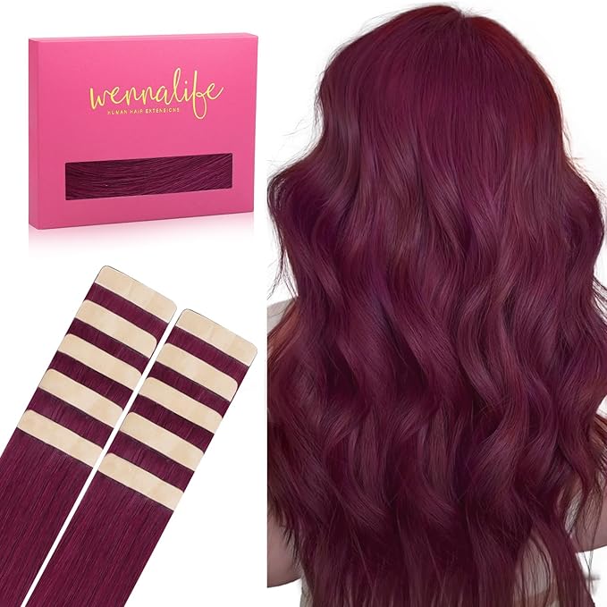 WENNALIFE Tape in Hair Extensions Human Hair Light Burgundy Tape in Extensions, 10pcs 25g 16 inch Remy Invisible Tape Ins Straight Colored Soft Real Human Hair Tape in Extensions Refill Set Extensions