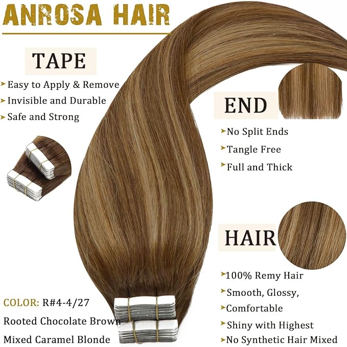 Real Human Hair Tape in Extensions Silky Tape in Extensions Human Hair Straight Seamless Invisible Tape in Hair Extensions Human Hair Chocolate Brown to Caramel Blonde with Brown Roots 16 Inch 100g