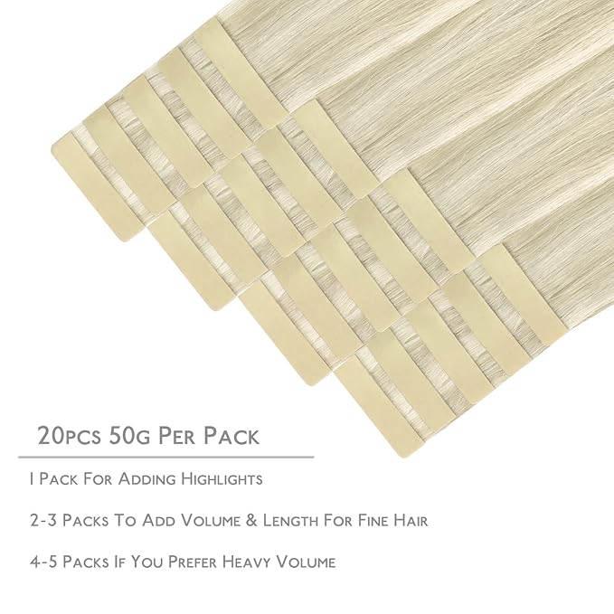 WENNALIFE Tape in Hair Extensions Human Hair, 20pcs 50g 18 inch Ash Blonde Highlighted Platinum Blonde Remy Hair Extensions Straight Human Hair Tape in Extensions Skin Weft Tape Extensions Human Hair
