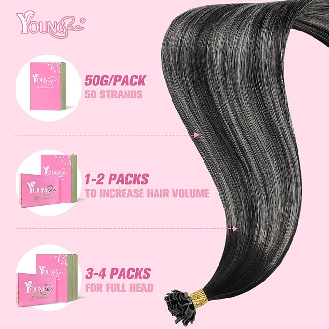 YoungSee K Tip Hair Extensions Real Human Hair Ombre K Tip Extensions Natural Black Roots to Silver Grey Balayage Keratin Tip Hair Extensions Human Hair Pre Bonded 50g 20inch 50s