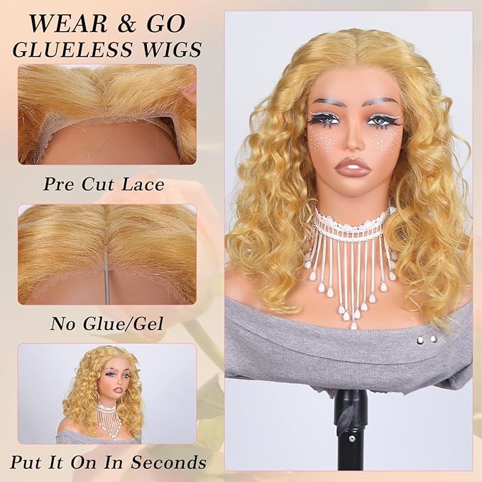 QNQZ 12 inch Honey Blonde Curly Bob Wig Human Hair 9x6 HD Glueless Lace Front Honey Blonde Deep Wave Wear and Go Glueless Wigs Human Hair Pre Plucked Pre Cut 220% Density #27 Colored for Women