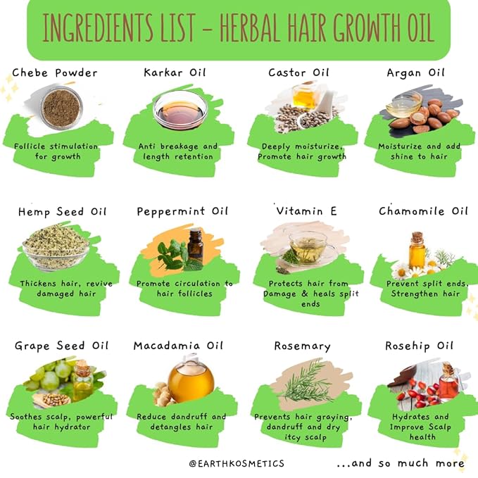 Chebe Herbal Hair Growth Oil is made with 18 Potent Oils including CHEBE and Karkar oil, and is effective for Hair Growth, Strength, Hydration & Scalp Nourishment