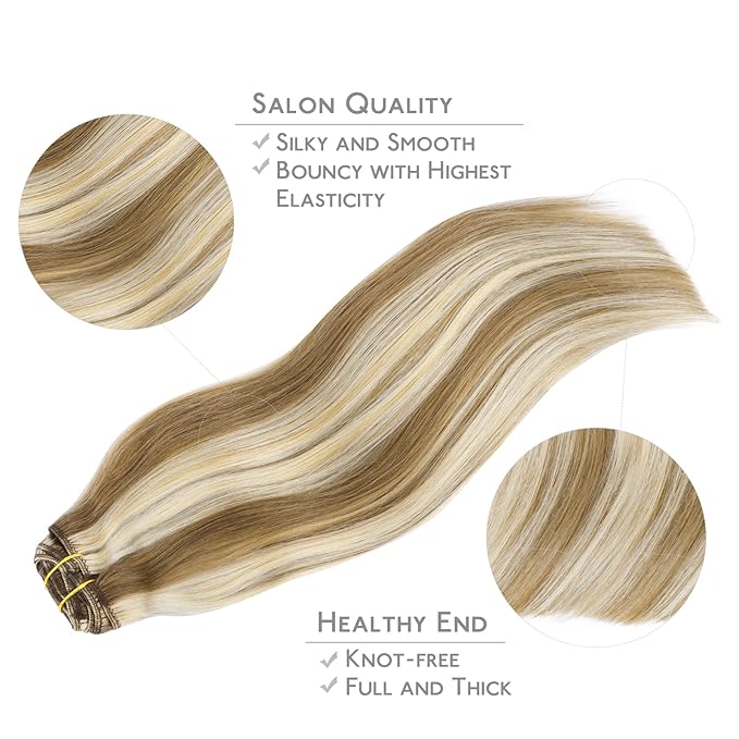 WENNALIFE Hair Extensions Clip In, 9pcs 16inch 150g Ash Brown Highlighted Golden Blonde Thicker Clip In Hair Extensions Real Human Hair Remy hair extension Double Weft Clip in Human Hair Extensions