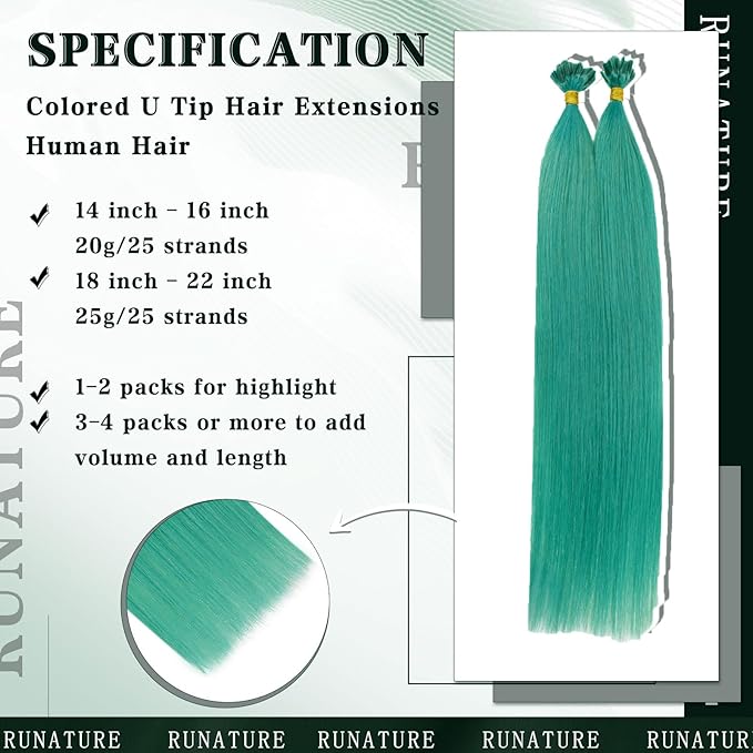 RUNATURE U Tip Hair Extensions Human Hair Teal K Tip Hair Extensions Real Human Hair 16 Inch Keratin Tip Extensions Hot Fusion Remy Hair for Kids Highlight 20g 25s