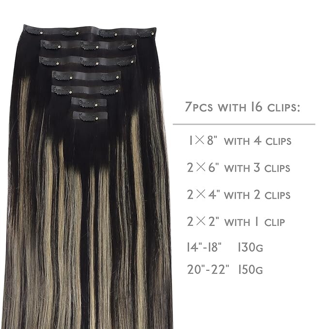 WENNALIFE Seamless Clip In Hair Extensions, 16 Inch 130g 7pcs Natural Black to Light Blonde Hair Extensions Clip in Human Hair Invisible PU Skin Weft Natural Remy Human Hair Extensions