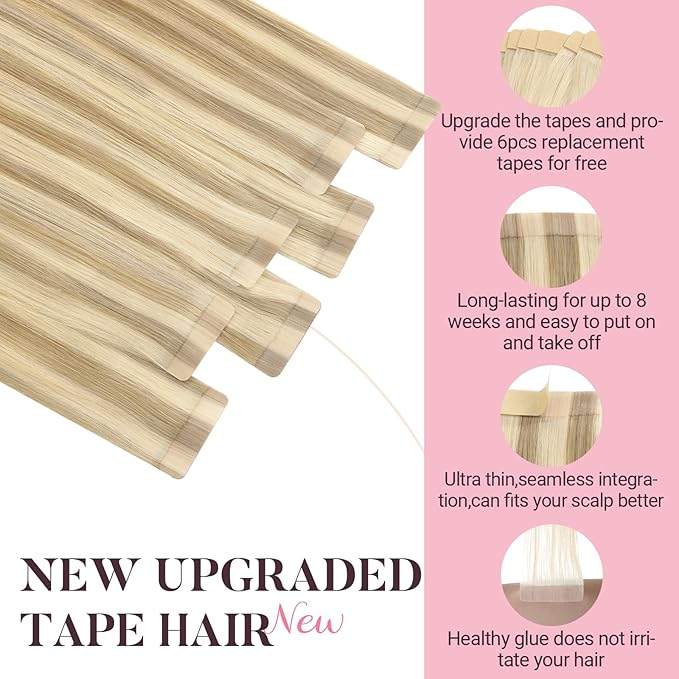 MAXITA Tape in Hair Extensions Human Hair, Balayage Light Blonde Highlighted Golden Blonde Grey Tone 24Inch 50g 20pcs, Thick Ends Straight Seamless Tape ins, Invisible Hair Extensions Real Human Hair