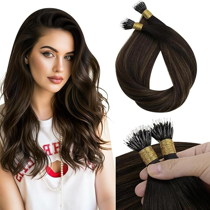 Sunny Hair Nano Hair Extensions Human Hair Balayage Brown Nano Ring Hair Extension Dark Brown Ombre Medium Nano Tip Hair Extensions Real Human Hair for Women 50G 20Inch