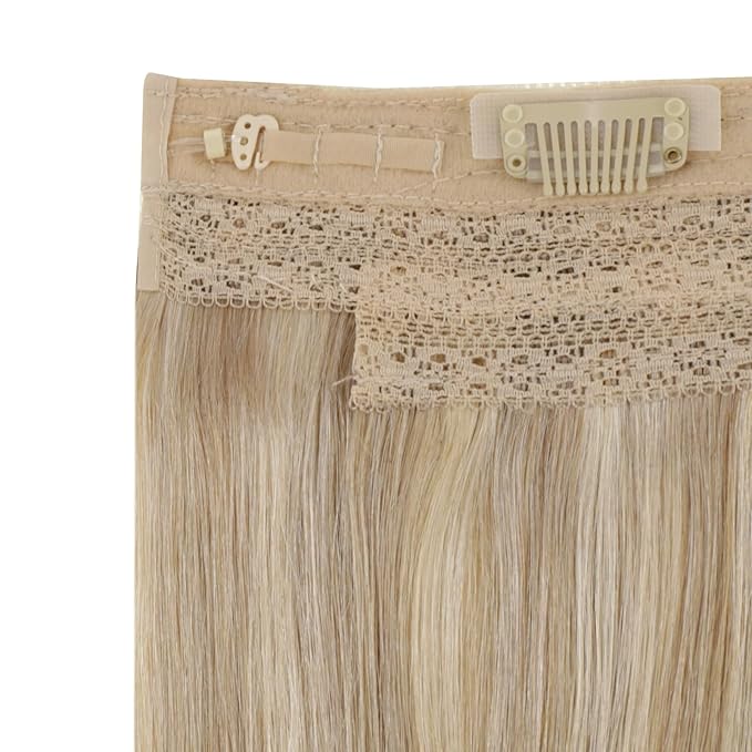 RUNATURE Wire Human Hair Extensions Dark Blonde Highlight Golden Blonde Fish Wire Hair Extensions Real Human Hair Invisible Wire Hair Extensions 16 Inch 80g
