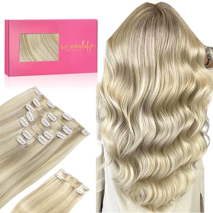 WENNALIFE Hair Extensions Clip In, 9pcs 16inch 150g Ash Blonde Highlighted Platinum Blonde Thicker Clip In Hair Extensions Real Human Hair Remy hair extension Double Weft Clip in Human Hair Extensions