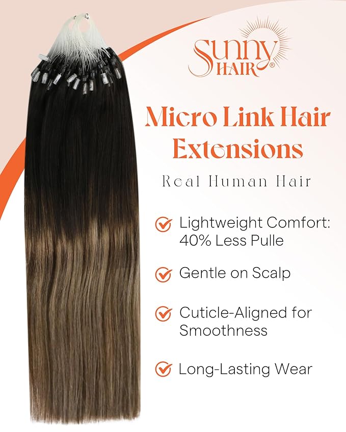 Sunny Hair Micro Link Hair Extensions Human Hair 24inch Microbead Hair Extensions Black Balayage Dark Brown Ombre Medium Ash Blonde Micro Hair Extensions Real Human Hair Long-Lasting Beauty 50g
