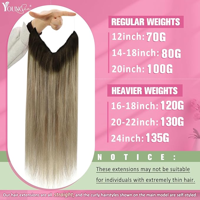 YoungSee 130G Wire Human Hair Extensions Balayage Invisible Wire Hair Extensions for Women Real Human Hair Balayage Darker Brown with Light Brown to Blonde Fish Wire Human Hair Extensions 20 Inch