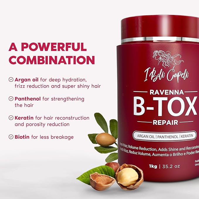 Ravenna B-tox Repair Kit - Hair B-tox Treatment & Argan Oil Mask 44 Fluid Ounces - Formaldehyde-Free, Anti-Frizz, Volume Reduction