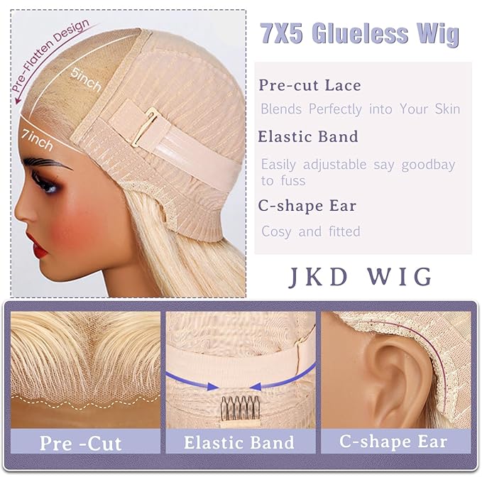 Blonde Wear and Go Glueless Wigs Human Hair Pre Plucked Pre Cut 220% Density 613 Lace Front Wig Human Hair 7x5 HD Lace Closure Wigs Pre Plucked Bleached Knots With Baby Hair Colored Straight Wig 28 In