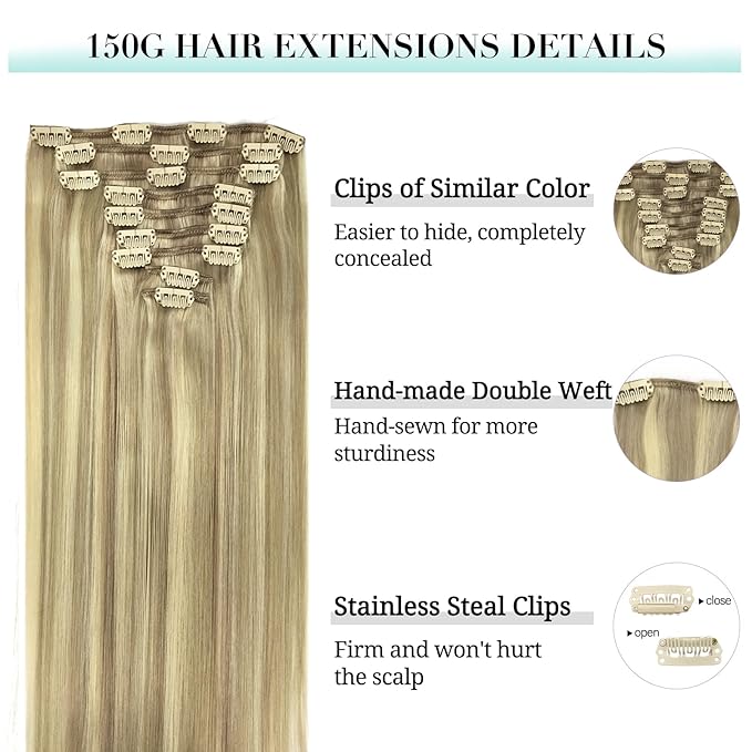 DOORES Clip in Hair Extensions Real Human Hair, Light Blonde Highlighted Golden Blonde 150g 9pcs 18 Inch, Real Hair Extensions Clip in Human Hair Natural Thick Human Hair Extensions Clip ins Straight