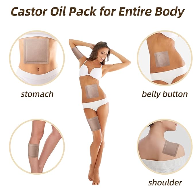 50Pcs Castor Oil Pack Wrap with 16oz castor oil Organic Cold Pressed Unrefined Glass Bottle,Disposable Castor Oil Patches for Belly Button,Stomach,Knee,Feet,Entire Body