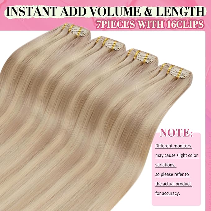 YoungSee Blonde Clip in Hair Extensions 20 inch Blonde Hair Extensions Clip in Highlights #18/613 Blonde Clip in Hair Extensions Human Hair Soft 100G 7Pcs