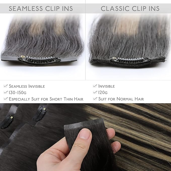WENNALIFE Seamless Clip In Hair Extensions, 16 Inch 130g 7pcs Natural Black to Light Blonde Hair Extensions Clip in Human Hair Invisible PU Skin Weft Natural Remy Human Hair Extensions