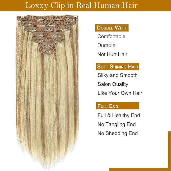 Loxxy 20 Inch Seamless Clip in Hair Extensions Light Brown Highlighted Platinum Blonde Straight Lace Double Weft 100% Remy Hair Extension Clip On Brazilian Human Hair for Women 7pcs 140g Full Head