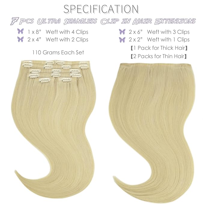 Lacer Hair 7 Pieces Seamless Human Hair Clip in Extensions Comfortable Ultra-Thin PU Skin Weft #60 Bleach Blonde Clip in Hair Extensions for Women Clip In 110g for Any Hair Type 18 Inch Thick Ends