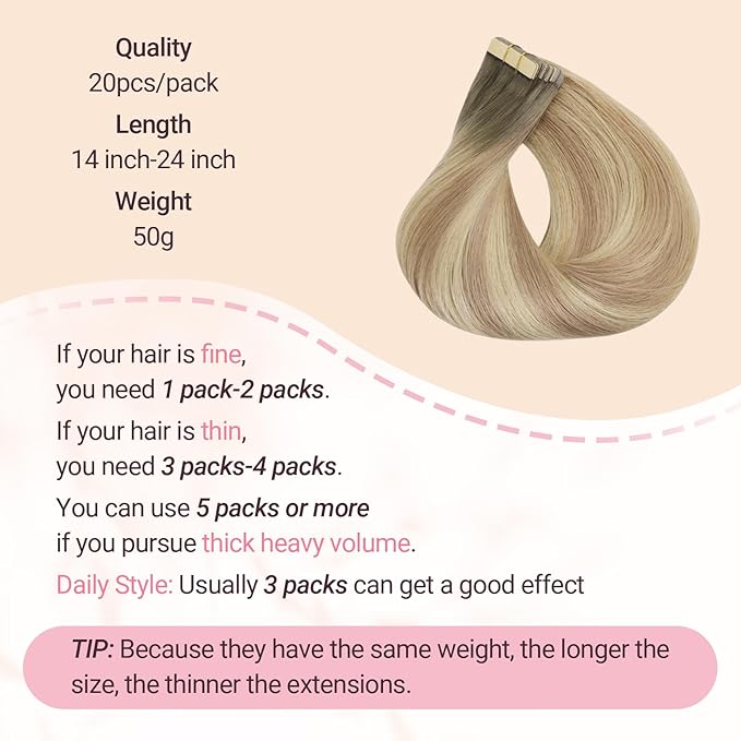 MAXITA Seamless Tape-in Hair Extensions, 100% Human Remy, Light Ash Brown to Dirty Brown & Sun Blonde, 22 Inch, 50g, 20pcs, Invisible Seamless