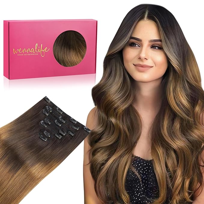 WENNALIFE Clip in Hair Extensions Real Human Hair, 16 Inch 120g 7pcs Human Hair Extensions Clip In Human Hair, Ombre Dark Brown to Light Chestnut Brown Clip In Real Hair Coloured Remy