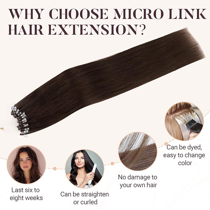 MAXITA Microlink Hair Extensions Human Hair, Chocolate Brown Micro Bead Hair Extensions Virgin Human Hair, 50g/50 Strands/Pack, 22 In