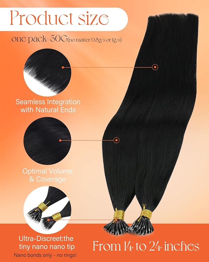 Sunny Hair Nano Bead Hair Extensions Human Hair, Nano Hair Extensions Human Hair Jet Black, Fusion Hair Extensions Easy to Apply 14inch 50g