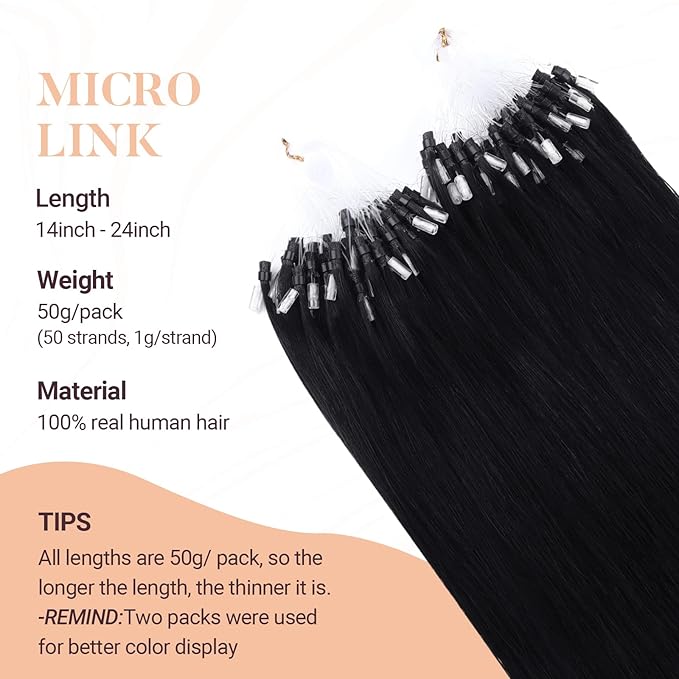 MAXITA Microlink Hair Extensions Human Hair, Jet Black Micro Bead Hair Extensions Virgin Human Hair, 50g/50 Strands/Pack, 14 In